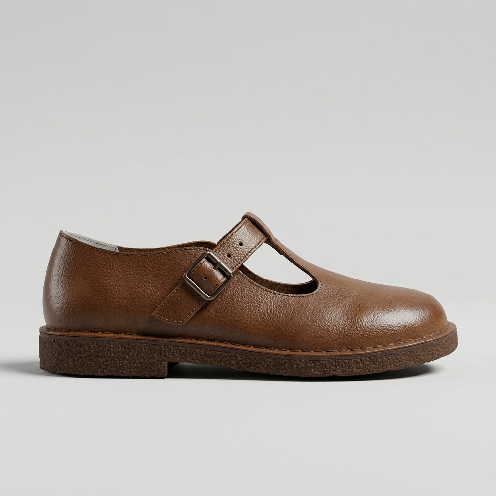 Women's Leather Flats Round Toe T-Strap Buckle Closure Mary Jane