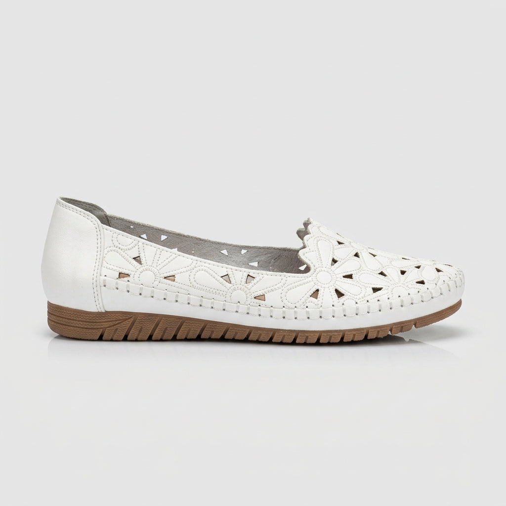 Women's Round Toe Flats with Floral Cutout Detail and Scalloped Edge