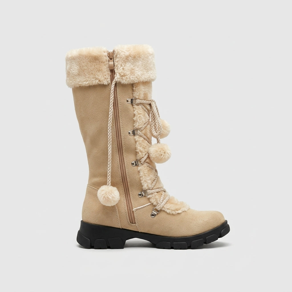 Women's Knee High Boots Lace-Up Faux Fur Cuff Pom Pom Side Zip