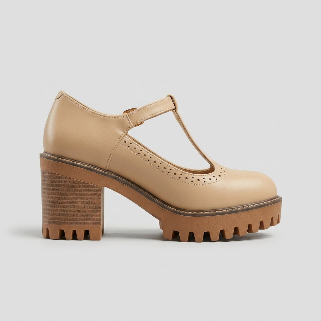 Women's Mary Jane Heels T-Strap Platform Block Heel Lug Sole