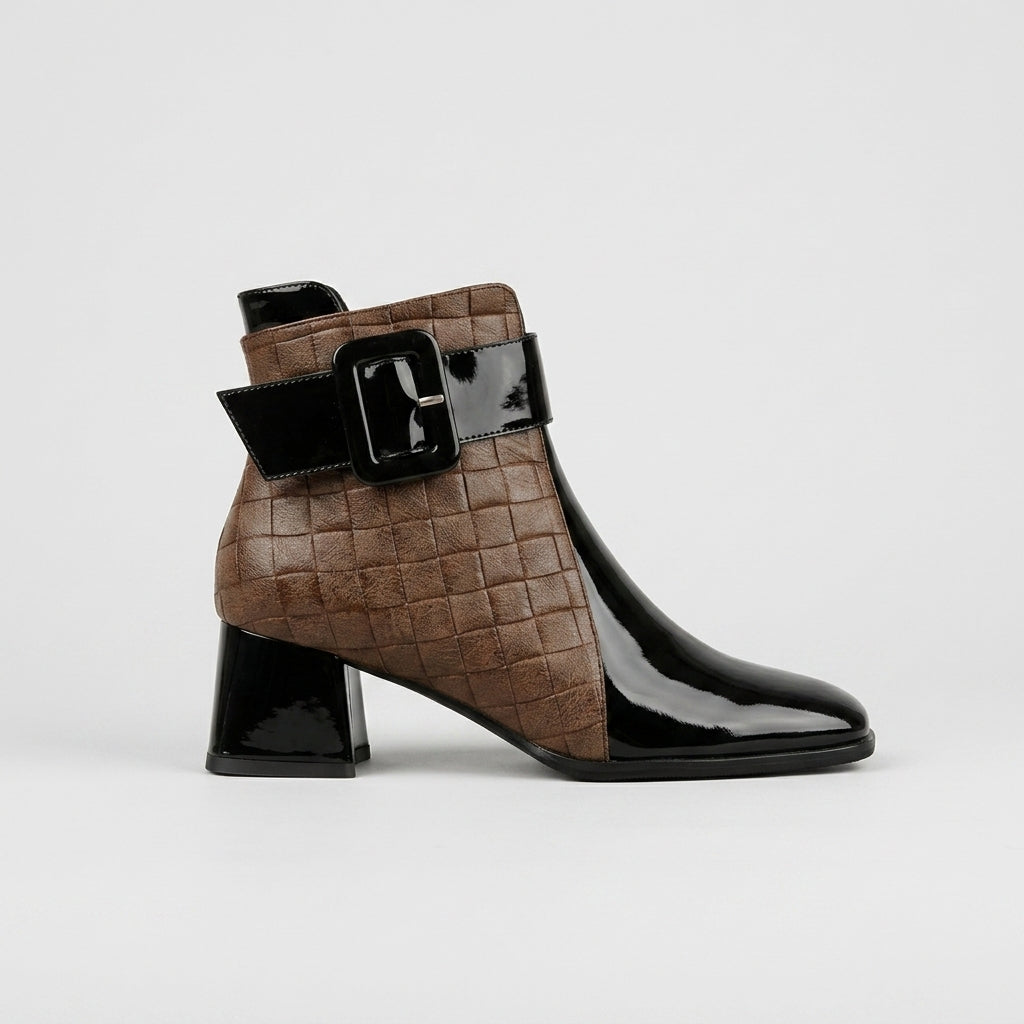 Women's Ankle Boots Square Toe Block Heel Buckle Strap Croc-Embossed