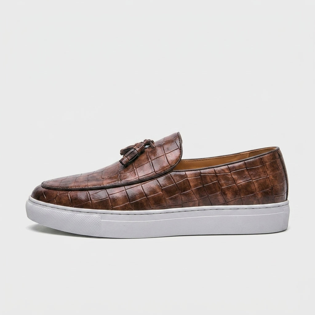 Men's Platform Loafers Croc-Embossed Slip-On with Tassel Detail