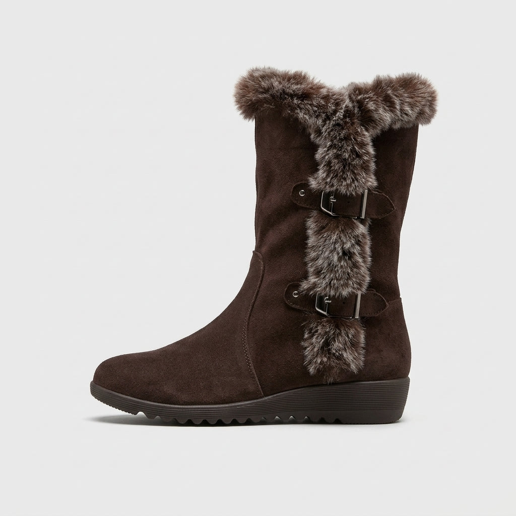 Women's Boots Mid-Calf Faux Fur Trim Double Buckle Wedge