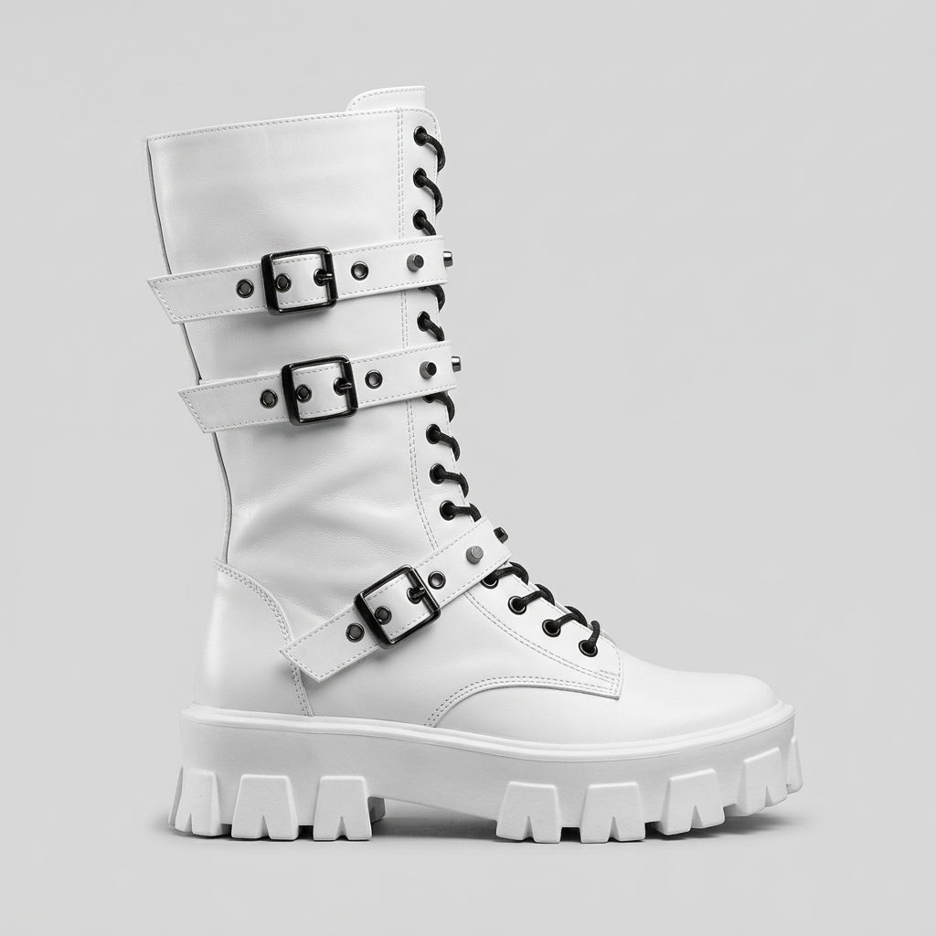 Women's Combat Boots with Triple Buckle Straps and Lugged Platform Sole