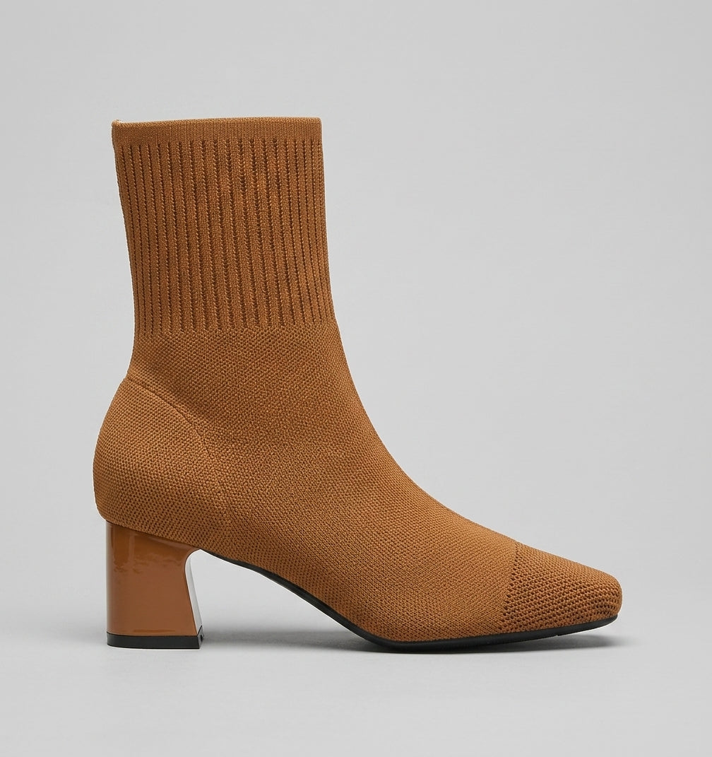Women's Ankle Boots Knit Sock-Style - Square Toe Block Heel