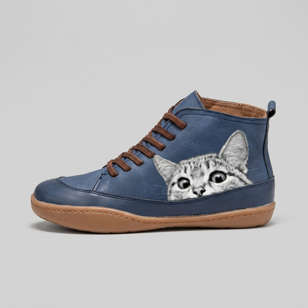 Women's Ankle Boots Lace-Up Cat Print Round Toe Flat Sole