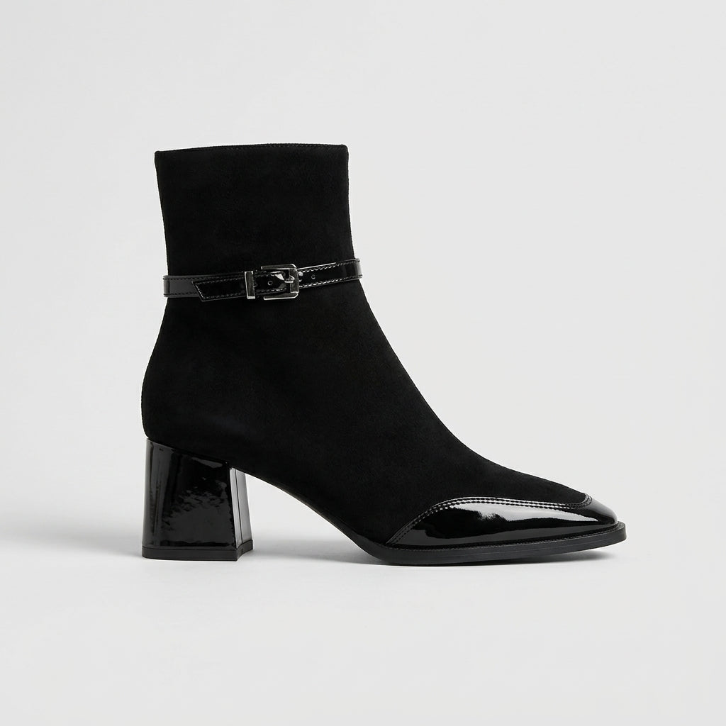 Women's Ankle Boots Square Toe Block Heel Side Zip Buckle Strap