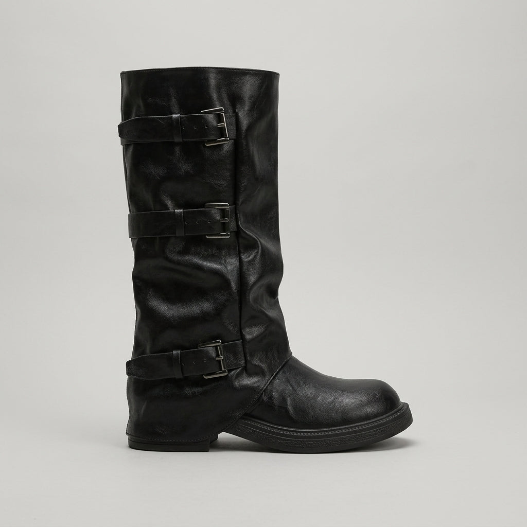 Women's Leather Knee High Boots Triple Buckle Strap Block Heel Biker