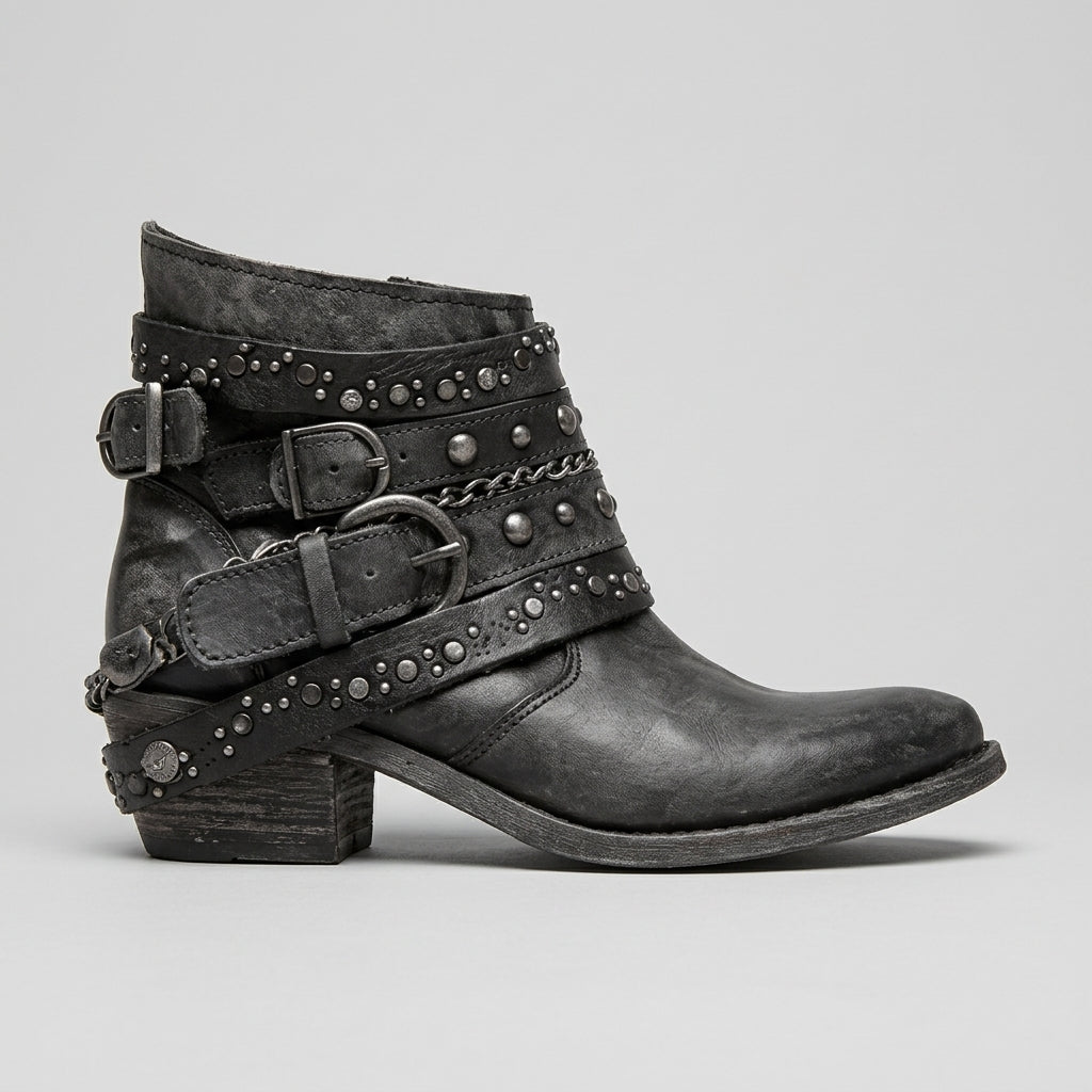 Women's Ankle Boots Studded Leather Straps Chain Detail