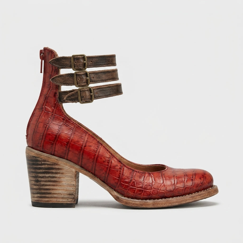 Women's Heels Round Toe Block Heel Buckled Ankle Straps Cut-Out