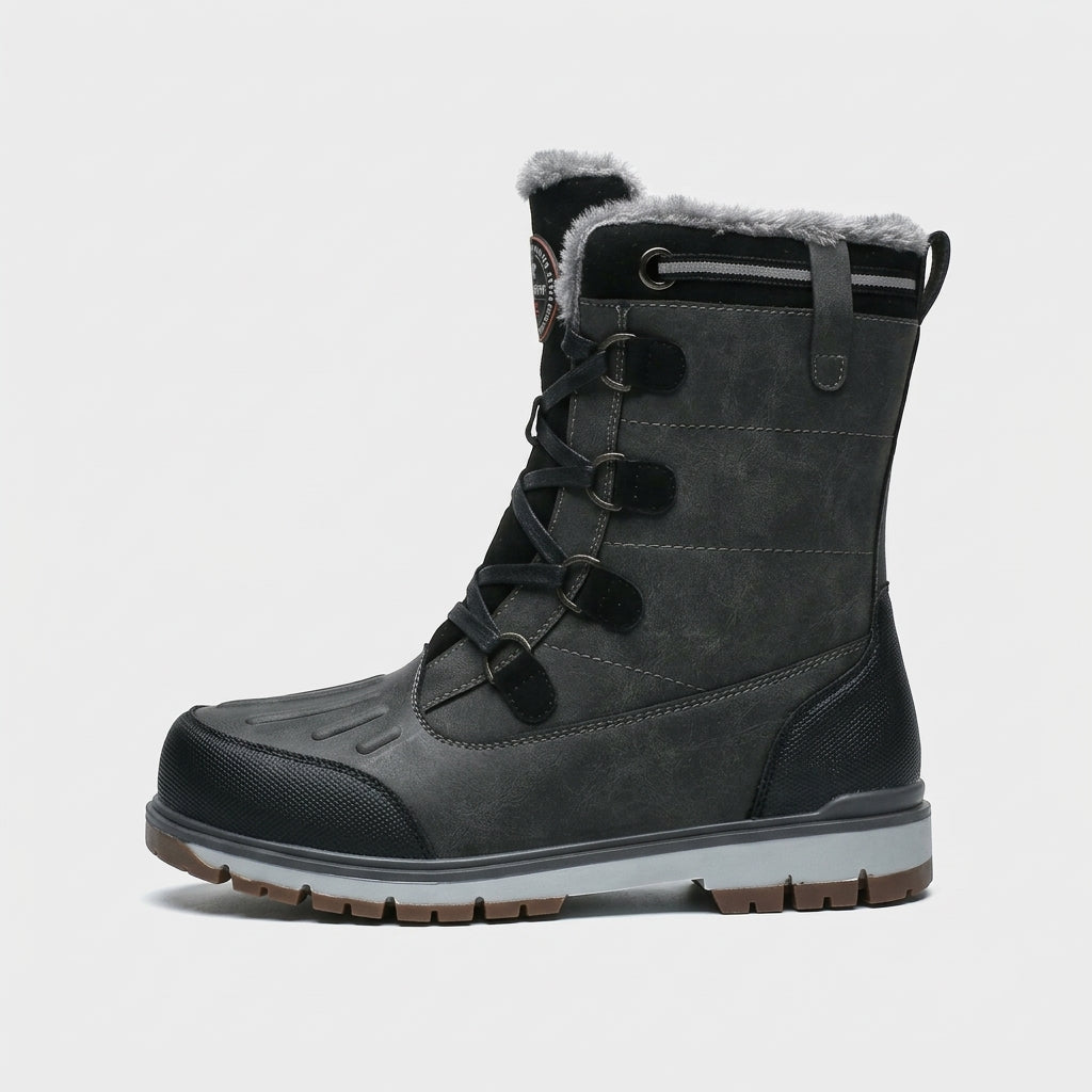 Men's Genuine Leather Lace-Up Mid-Calf Boots with Fur-Lined Collar