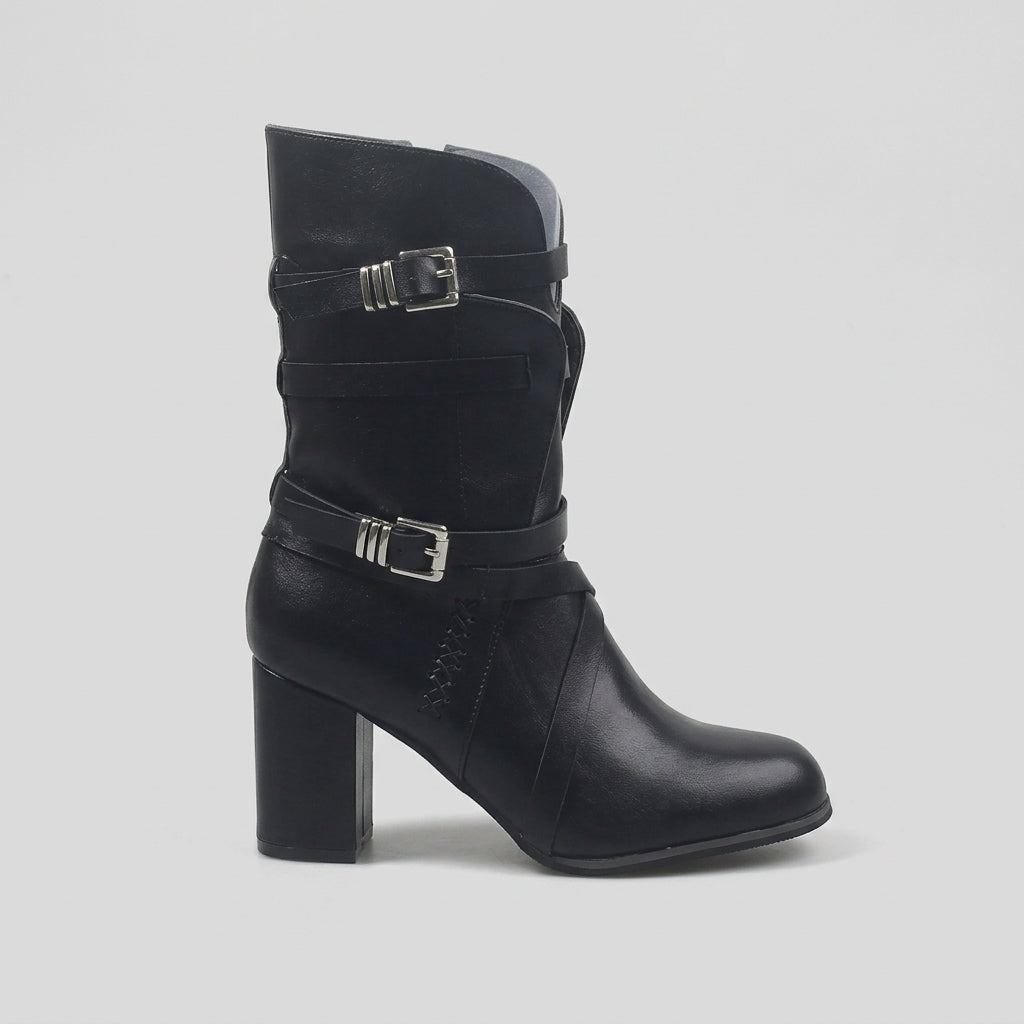 Women’s Mid-Calf Heeled Boots with Double Wrap Buckle Straps