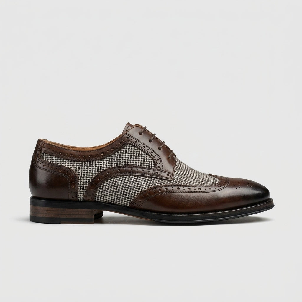Men's Oxford Shoes Wingtip Brogue Houndstooth Panel Lace-Up