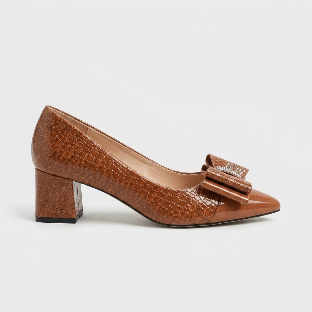 Women's Block Heels - Pointed Toe - Bow Detail - Croc-Embossed