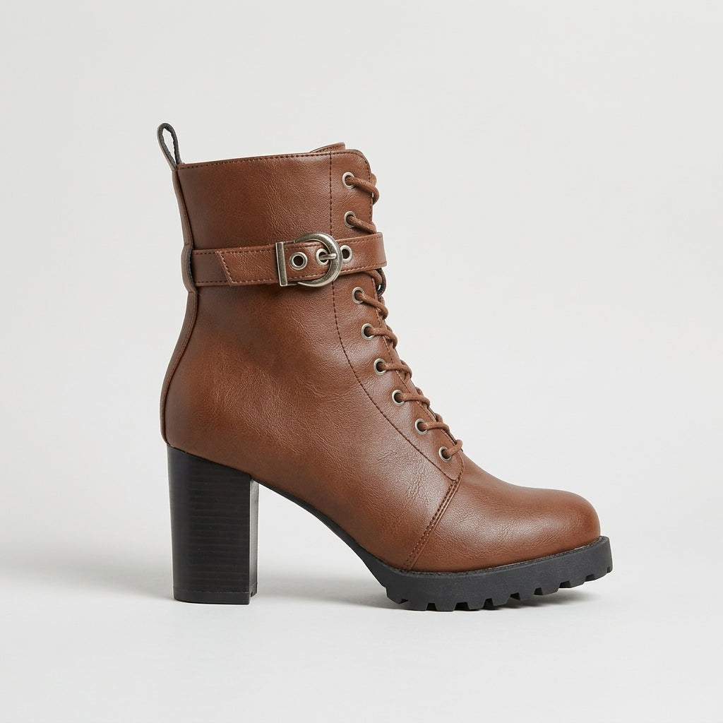 Women's Ankle Boots Block Heel Lace-Up Buckle Strap Platform