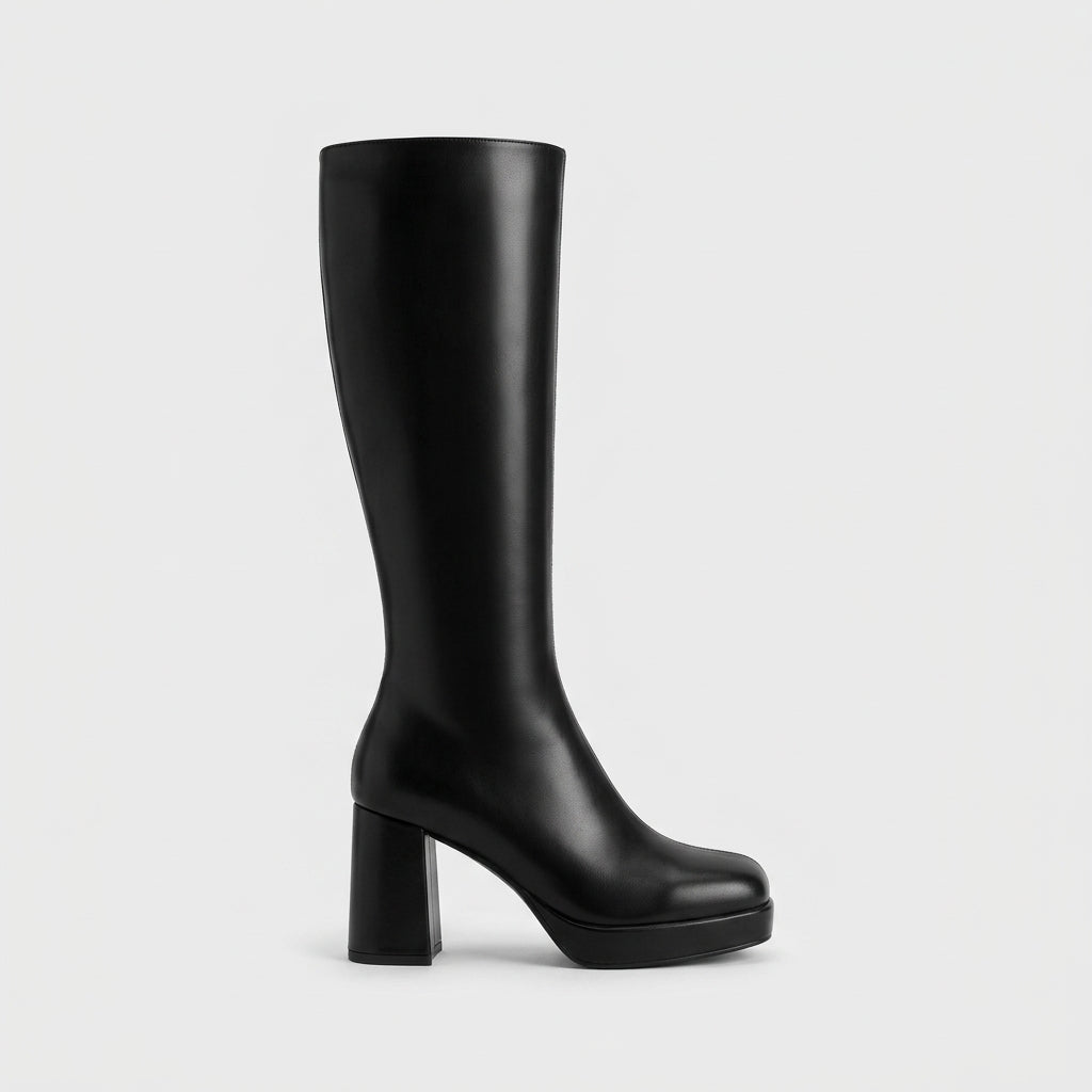 Women's Knee High Boots - Platform Block Heel - Glossy Finish