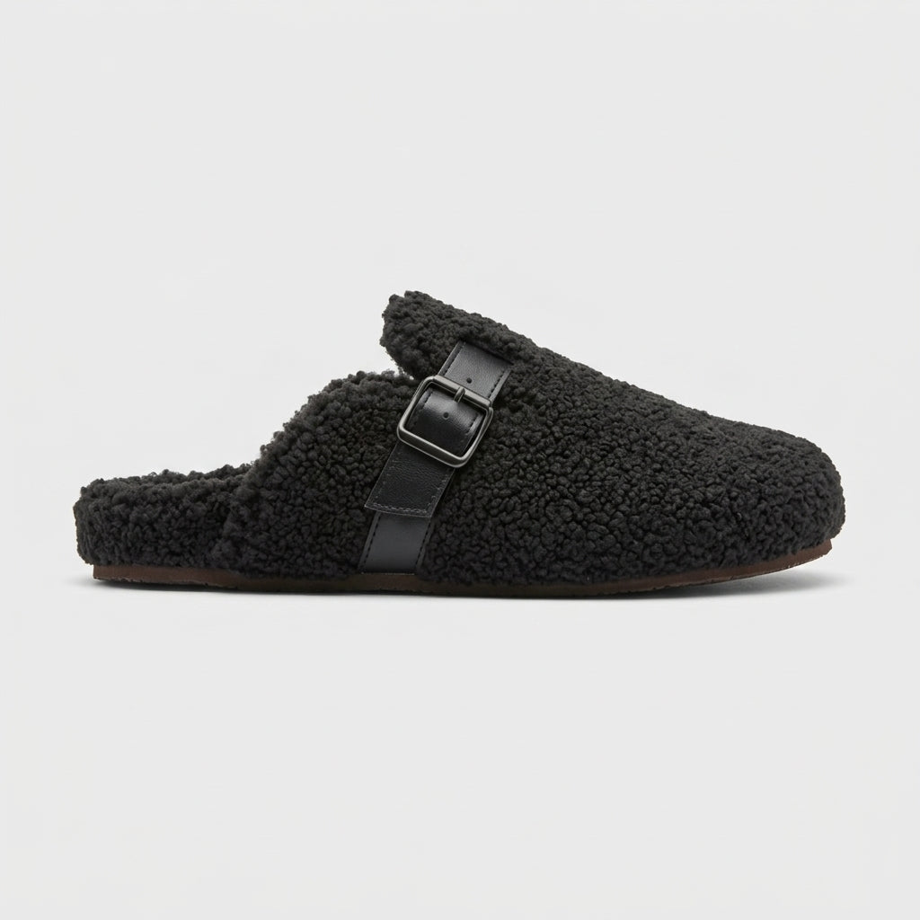 Women's Slippers - Closed Toe - Fleece Upper - Buckle Strap - Cork Sole