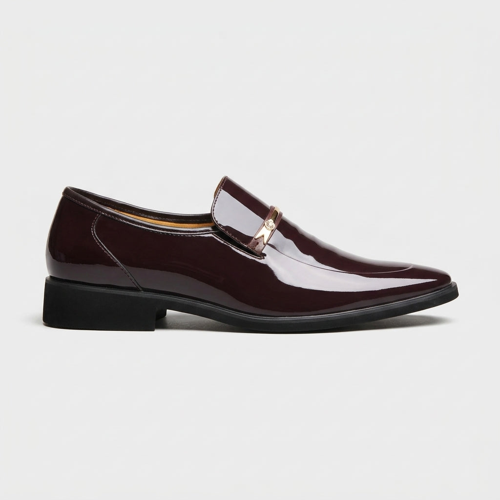 Men’s Patent Slip-On Dress Shoes with Pointed Toe and Metal Bar Detail
