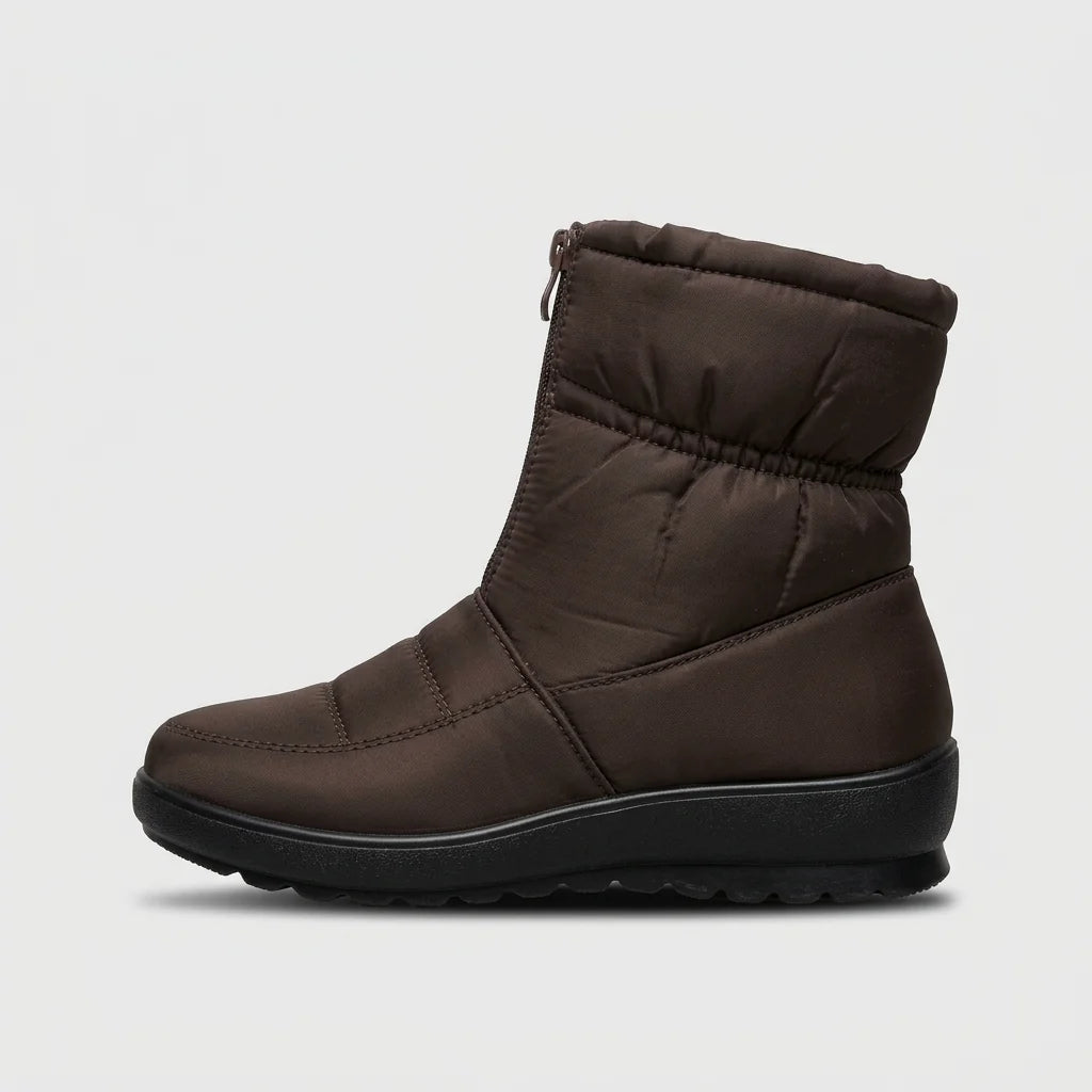 Women’s Quilted Snow Boots with Front Zip, Padded Shaft and Flat Sole