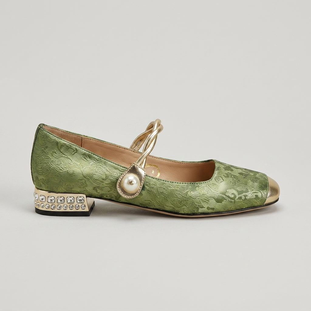 Women's Mary Jane Jacquard Block Heel Shoes - Rhinestone Heel Detail