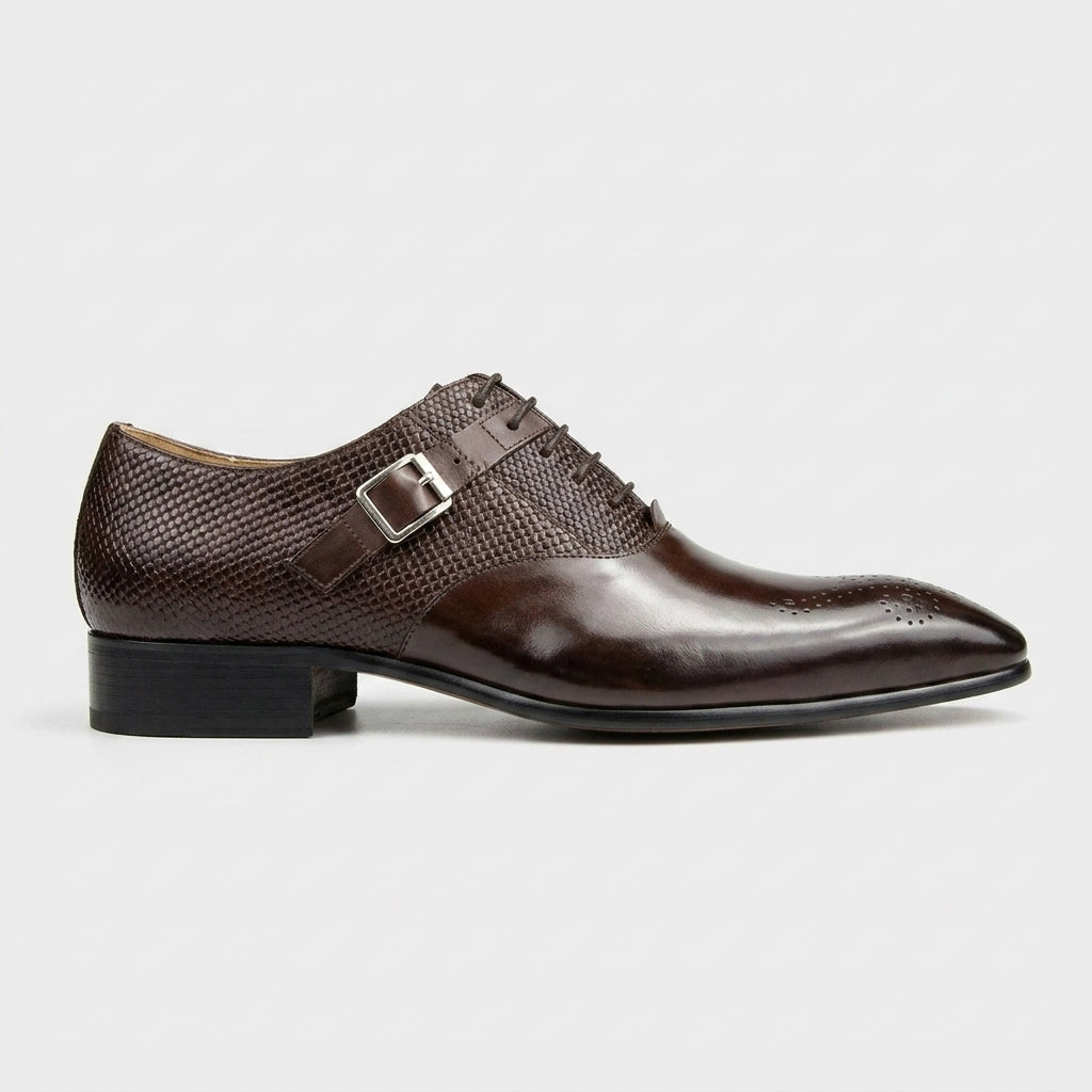 Men's Lace-Up Oxford Monk Strap Dress Shoes – Pointed Toe Brogue Detail Leather