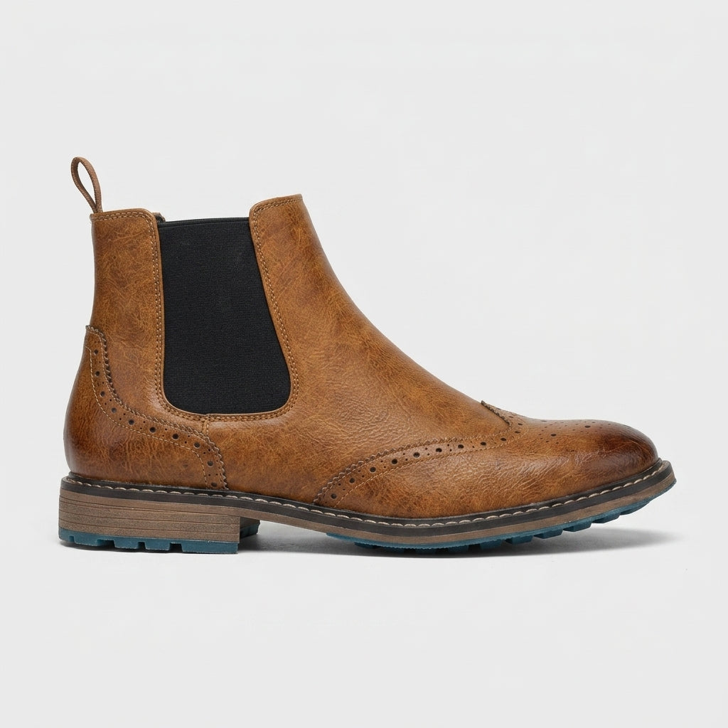 Men's Chelsea Boots Chunky Platform Brogue Round Toe Brown Elastic