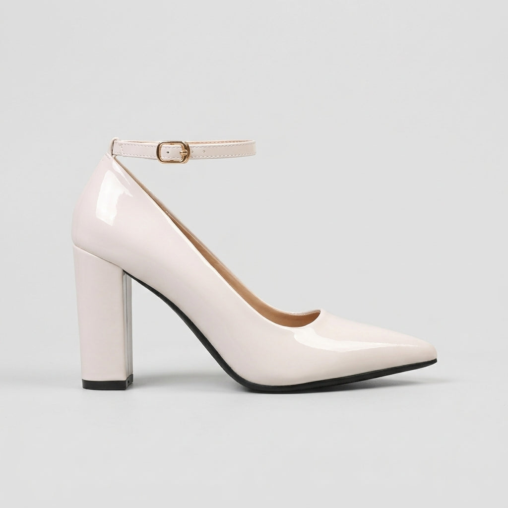 Women's Heels Pointed Toe Ankle Strap Block Heel Patent Finish