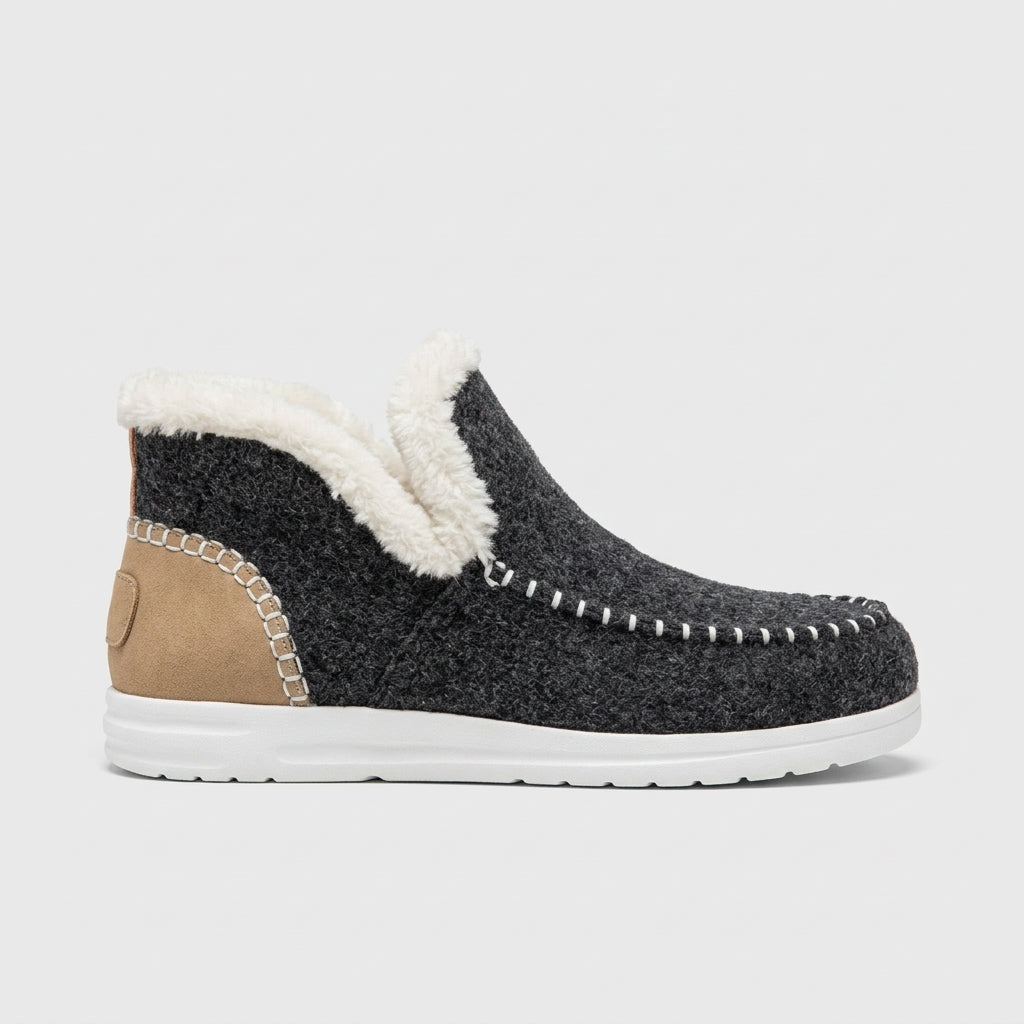 Women's Fur-Trim Ankle Boots with Moc-Toe Stitching and Flat Sole