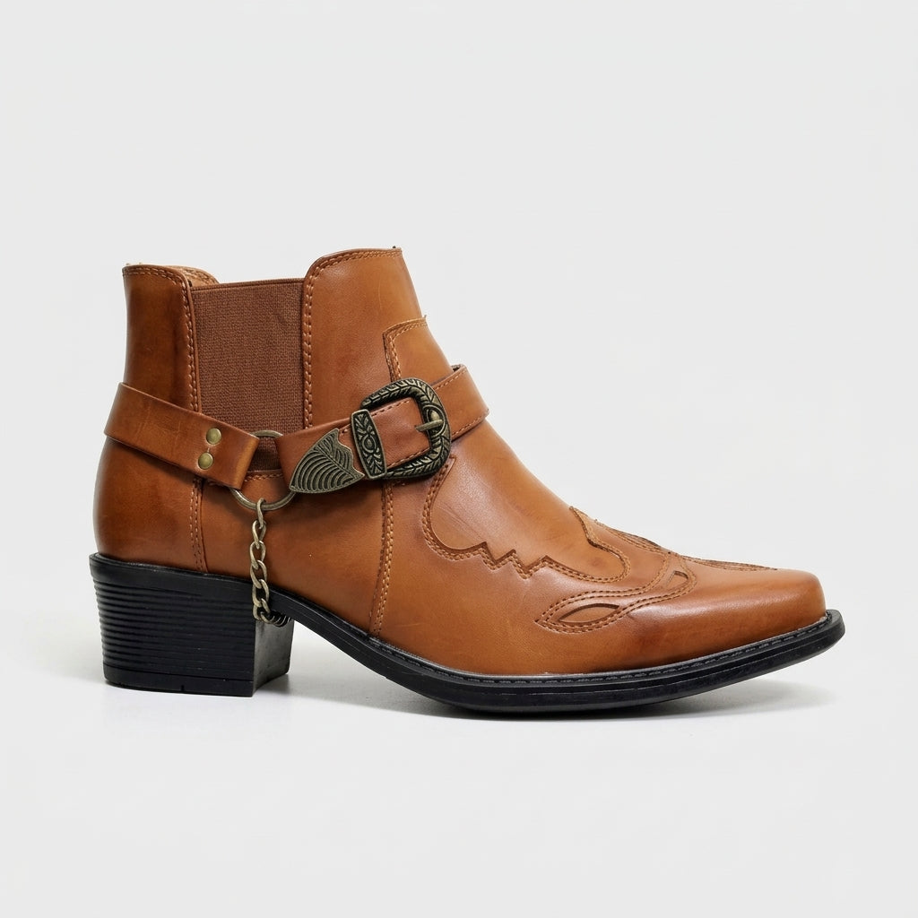 Men’s Western Chelsea Boots with Embroidered Toe Cap, Harness Strap, Chain Detail