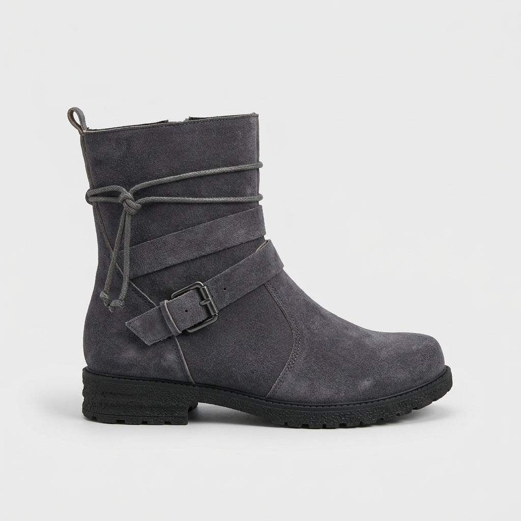 Women's Ankle Boots Side Zip Wrap Strap Tassel Buckle Low Block Heel