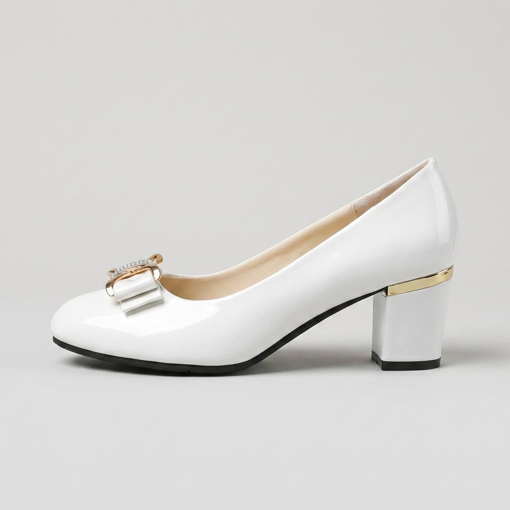 Women's Block Heels Patent Leather Round Toe Rhinestone Bow