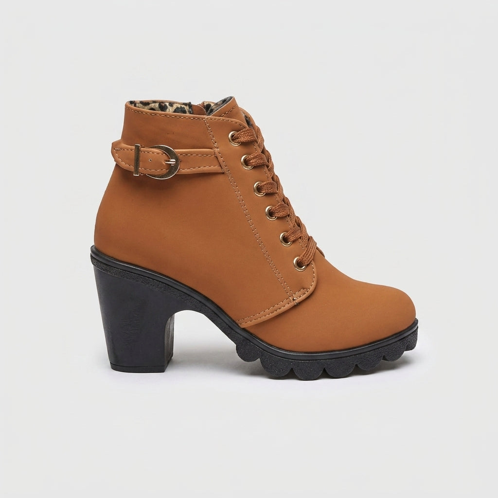 Women's Lace-Up Ankle Boots with Buckle Strap and Platform Sole