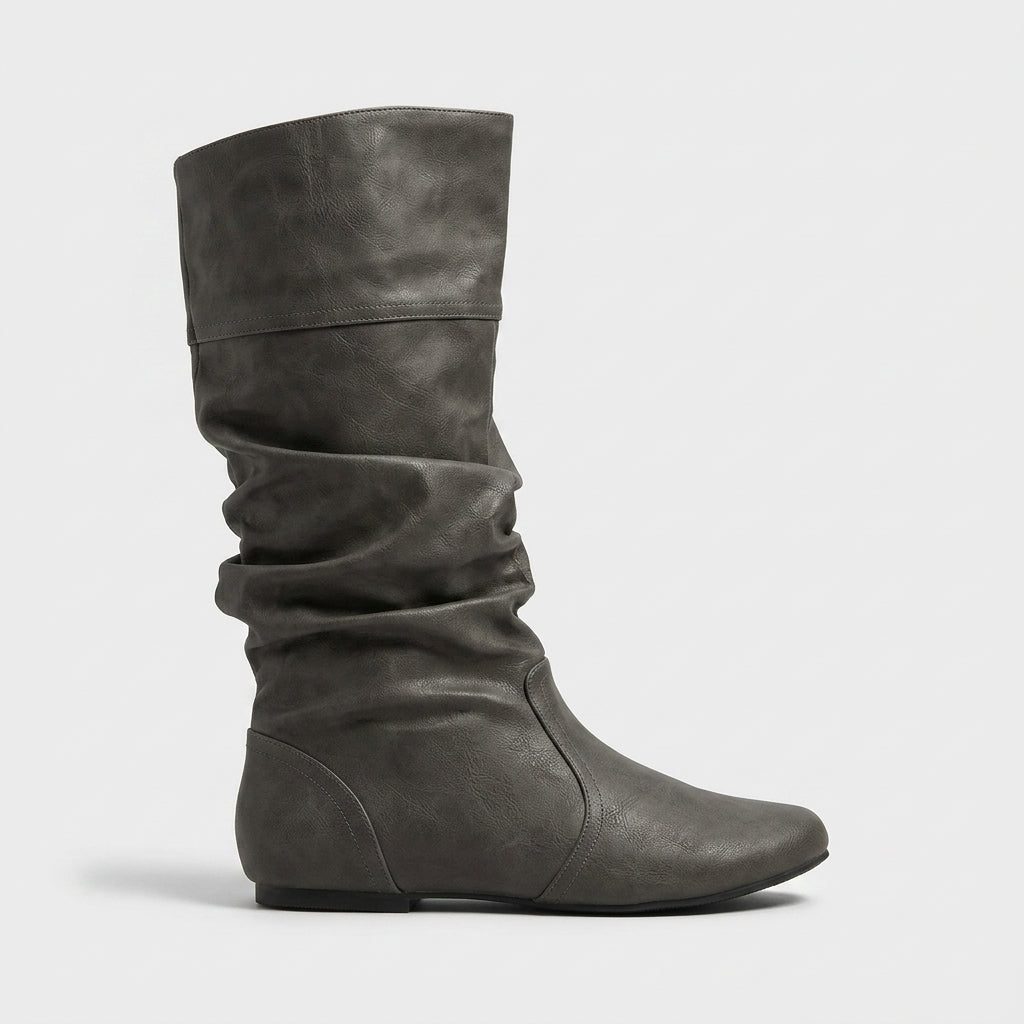 Women's Knee High Boots - Slouchy Shaft - Flat Sole - Round Toe