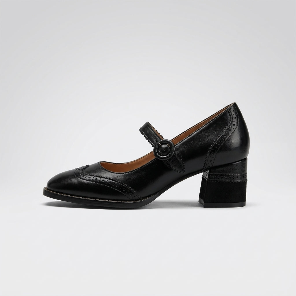 Women's Mary Jane Heels Square Toe - Brogue Perforated - Block Heel