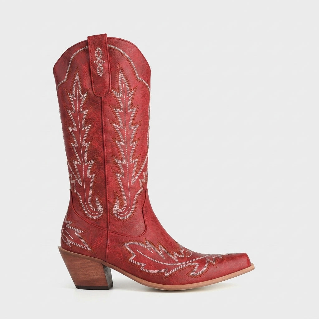 Women's Western Knee-High Boots Embroidery Pointed Toe Stacked Heel