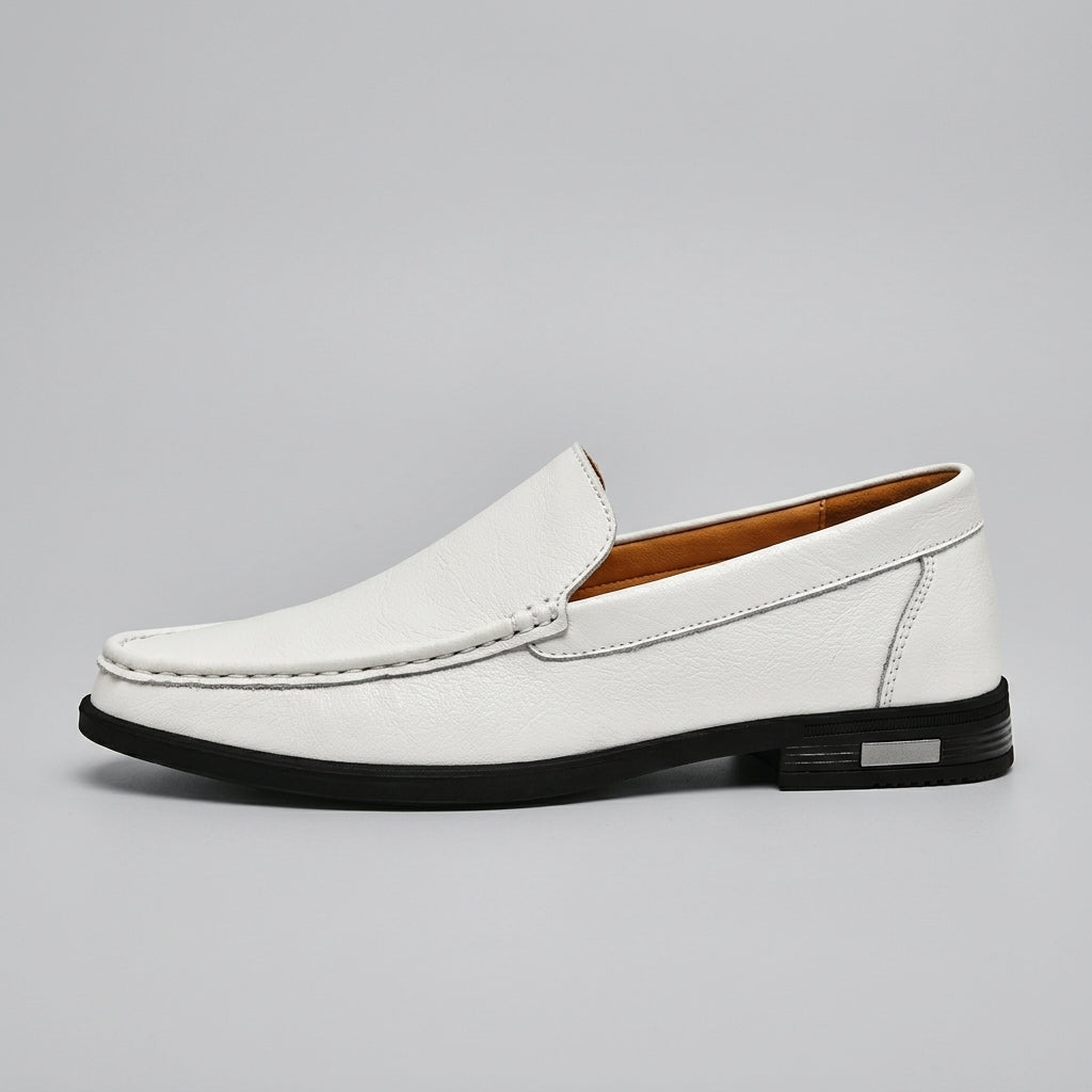 Men's Leather Loafers - Slip-On Moc Toe Shoes with Low Block Heel