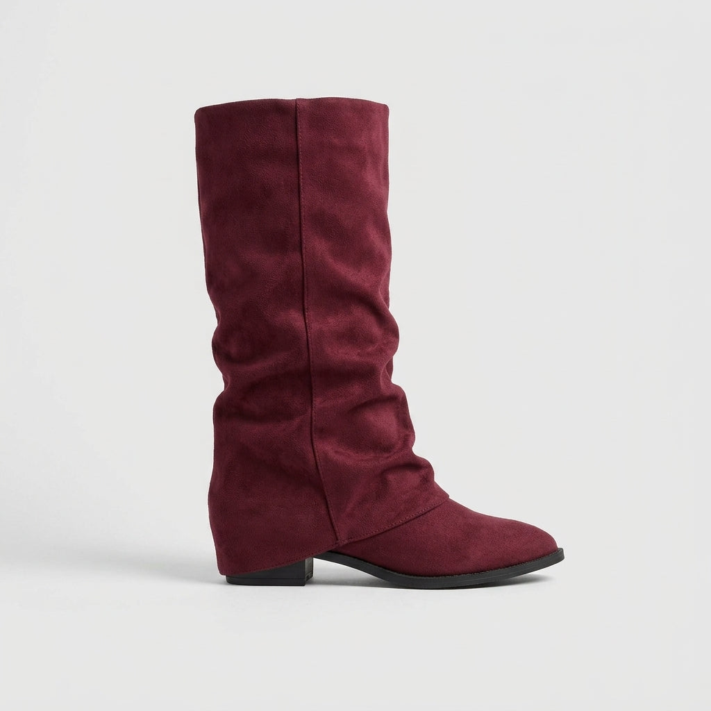 Women's Knee High Boots - Slouchy - Low Block Heel - Suede