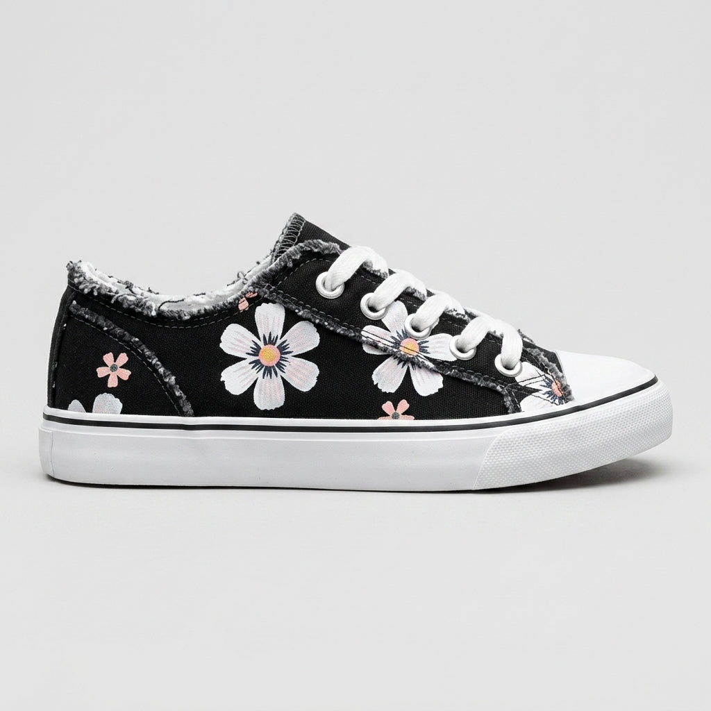 Women's Lace-Up Round Toe Denim Trainers with Frayed Trim