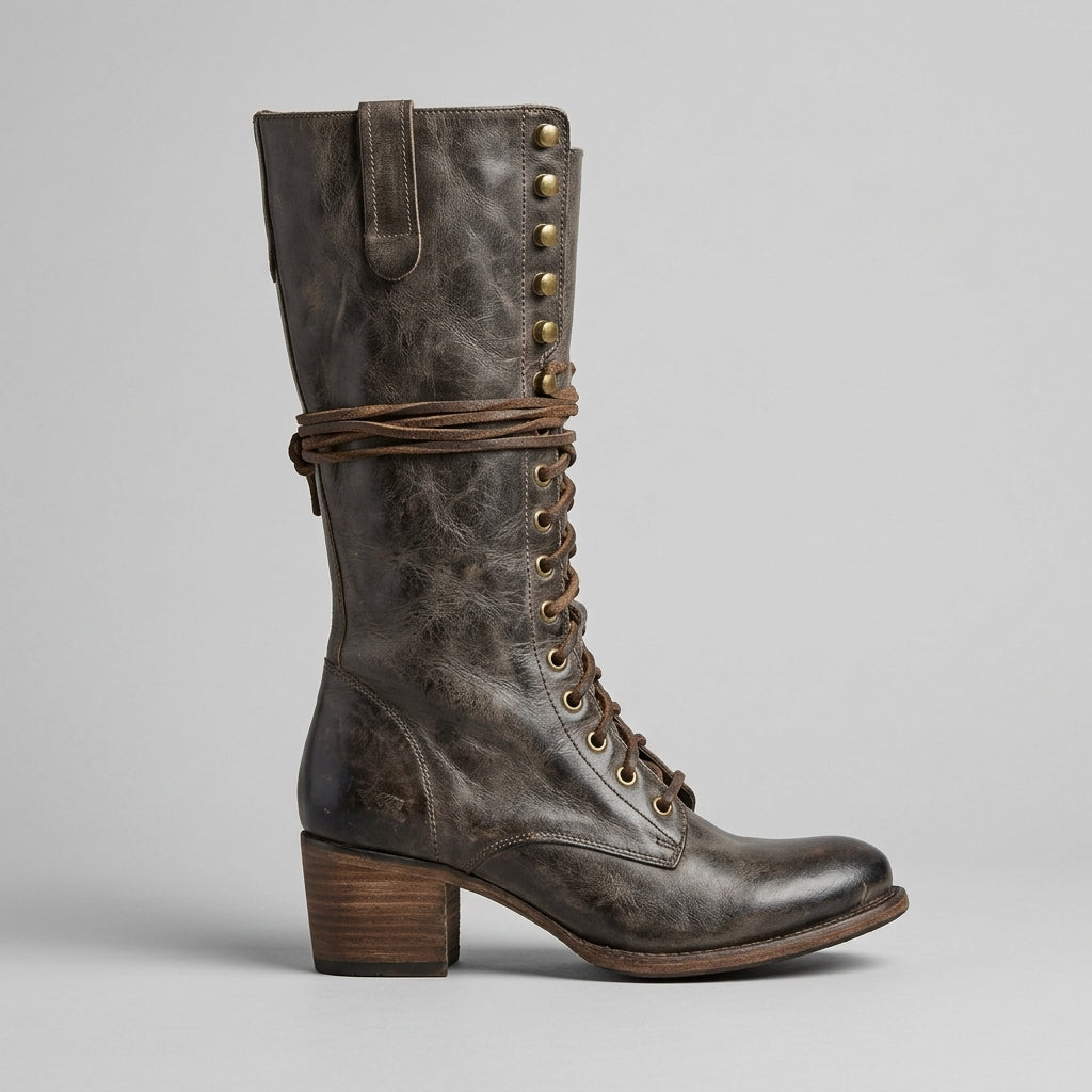 Women's Knee High Boots - Lace-Up - Block Heel - Round Toe