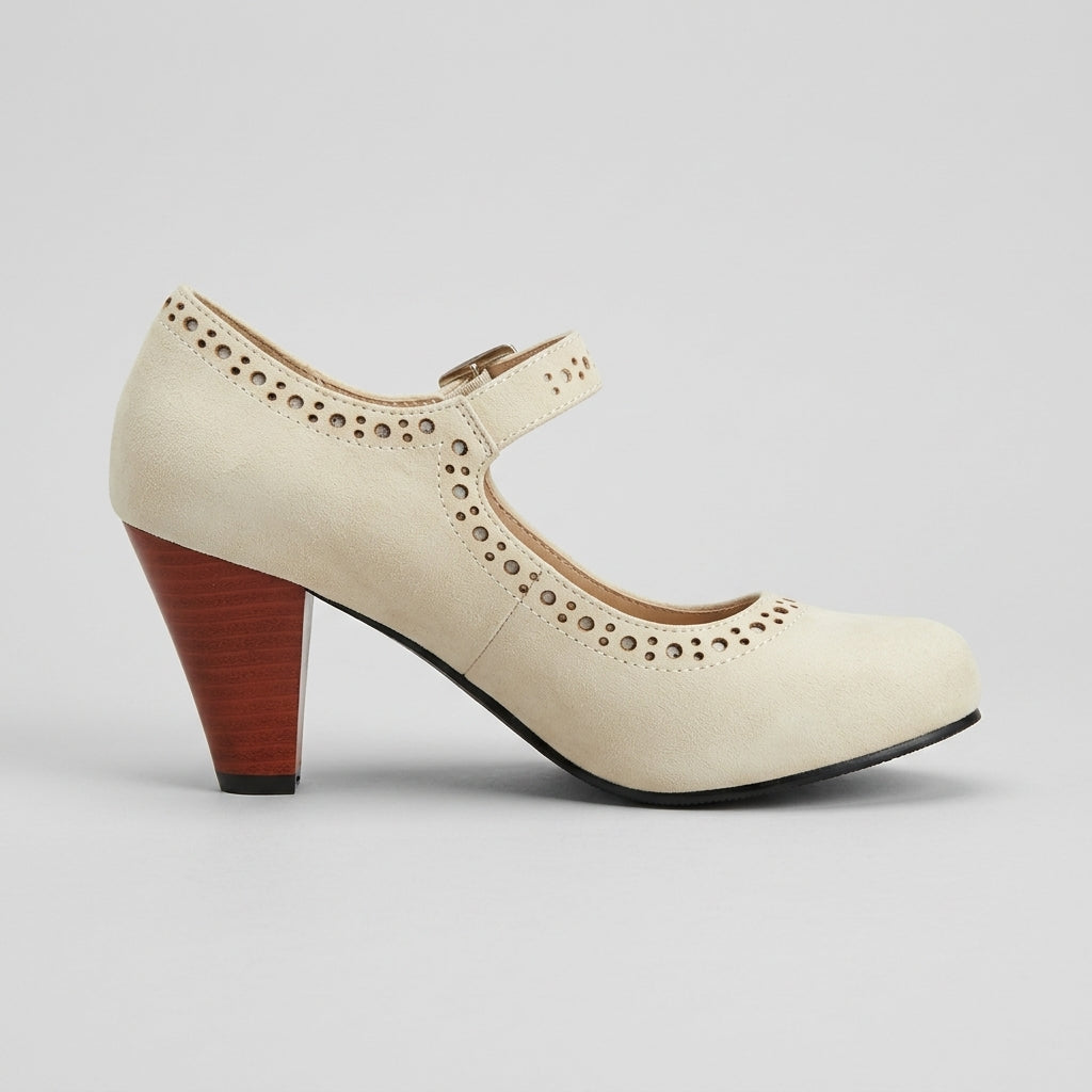 Women's Mary Jane Heels Perforated Brogue Buckle Ankle Strap Block