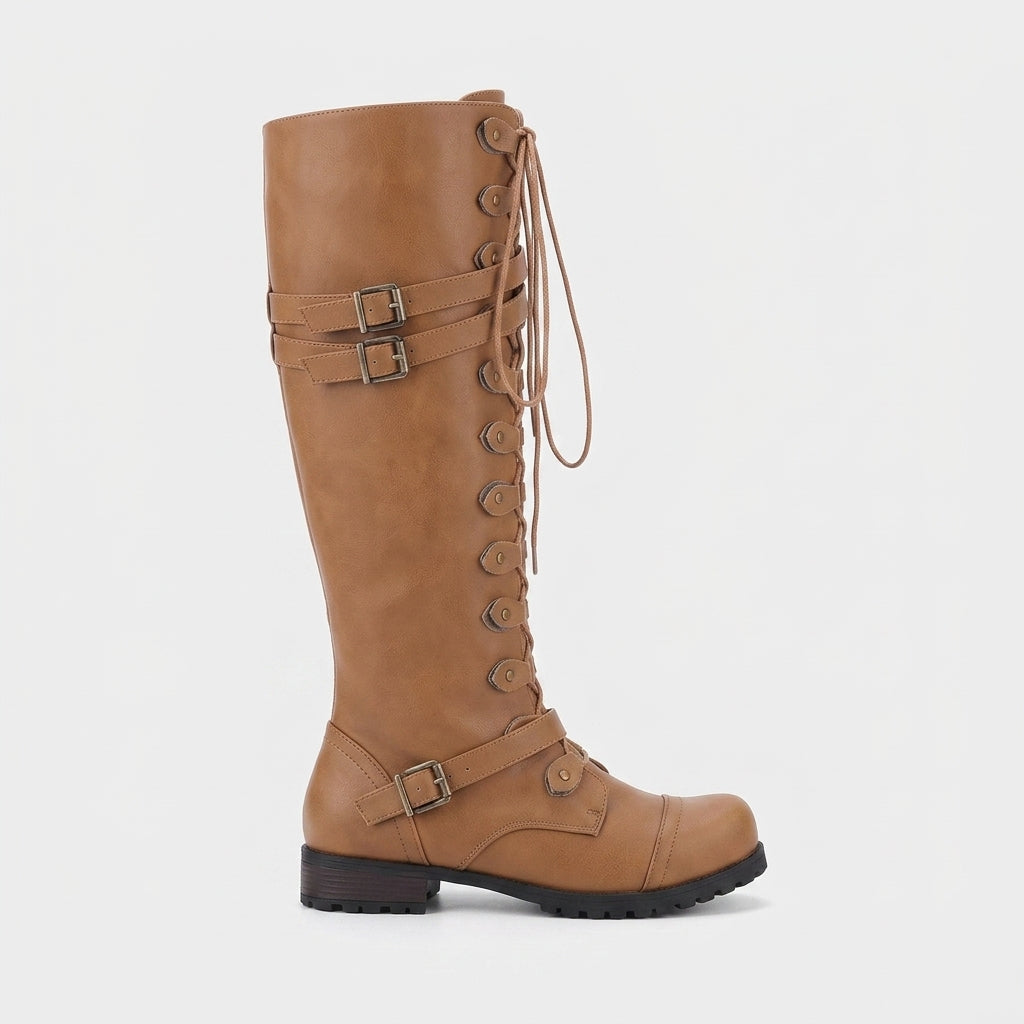 Women's Boots Knee-High Lace-Up Buckle Straps Low Block Heel