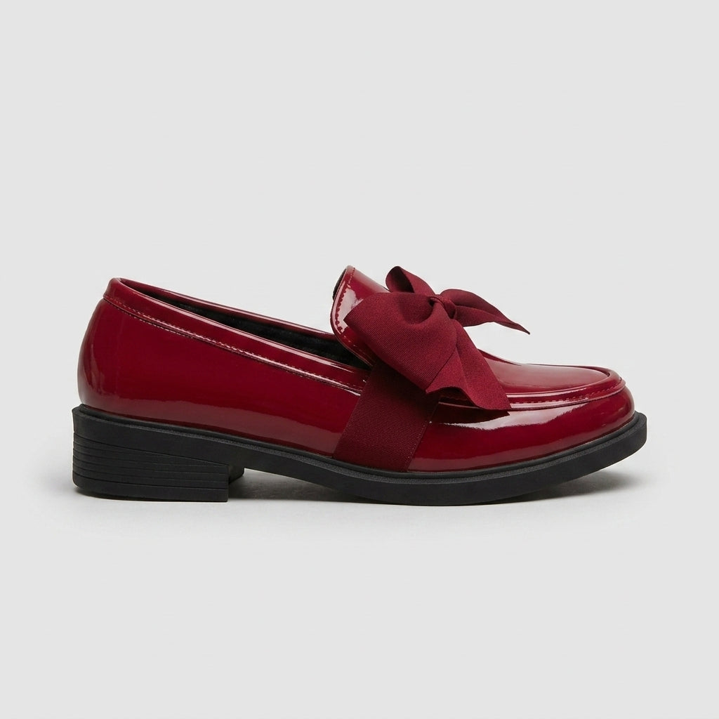Women's Penny Loafers with Bow Detail - Patent Finish - Low Block Heel