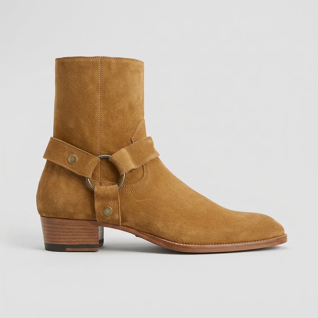 Men's Ankle Boots Suede Chain Harness Strap Side Zip Block Heel