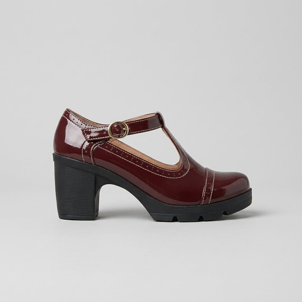 Women's Mary Jane Heels T-Bar Block Heel Platform Patent Leather