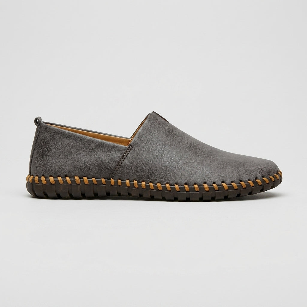 Men's Slip-On Loafers - Leather - Hand-Stitched Sole - Pull Tab