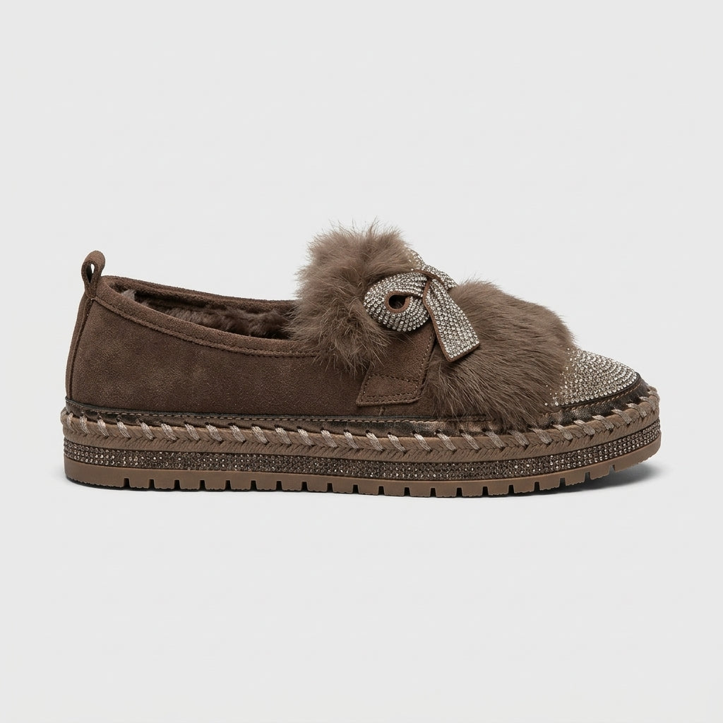 Women's Round Toe Flats with Fur Trim Bow and Rhinestone Detail