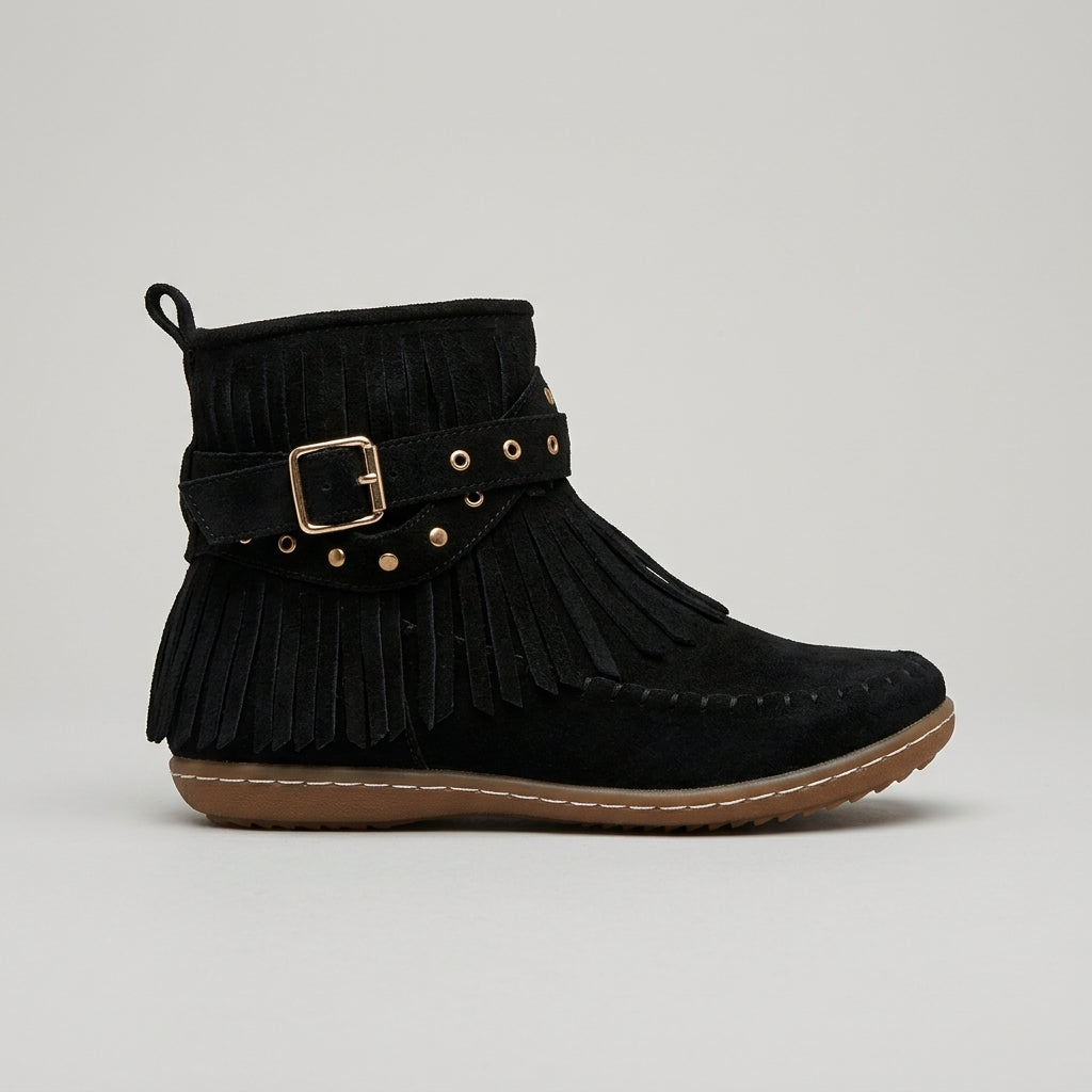 Women's Ankle Boots Fringe Detail Moccasin Toe Buckle Strap