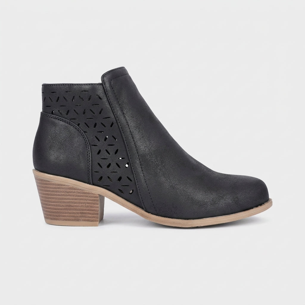 Women's Ankle Boots Block Heel Laser-Cut Side Zip