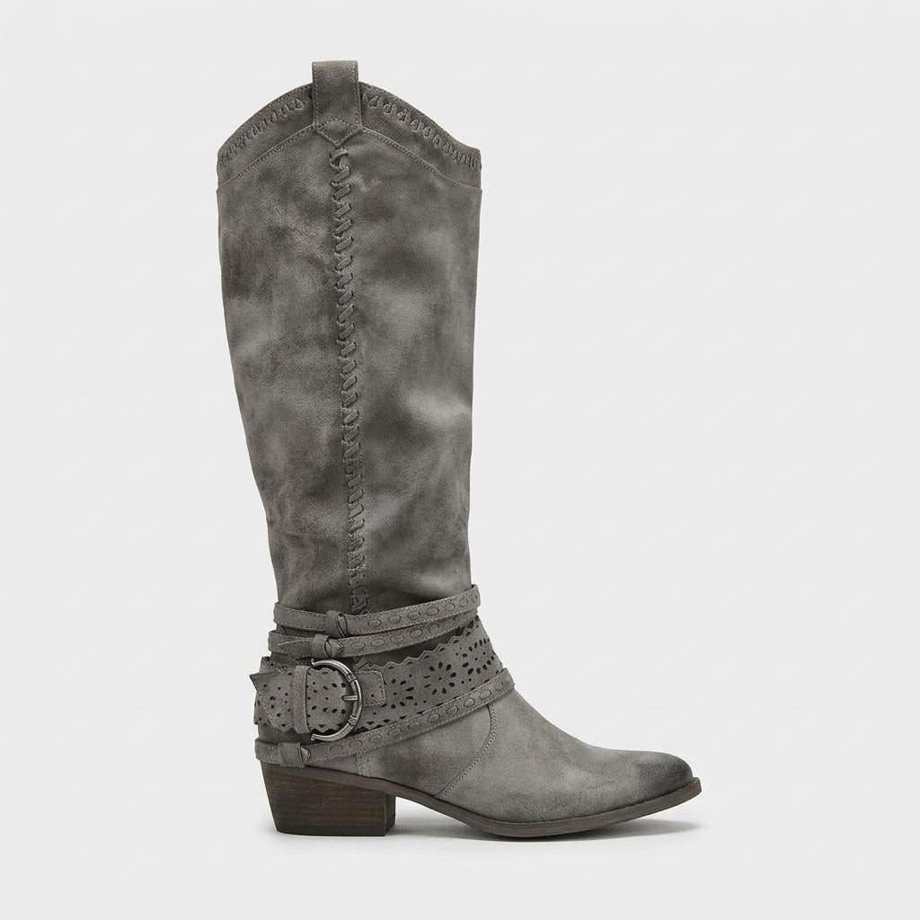 Women's Boho Knee High Boots Western Buckle Strap Block Heel