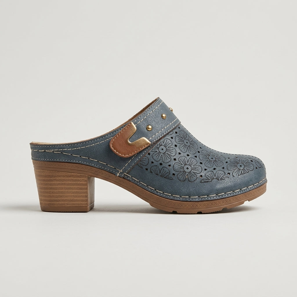 Vintage Floral Cutout Block Heel Mules Studded Clogs